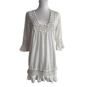 Cute Option White Crochet Lace Boho Bell Sleeve Cotton Mini Dress Small Coquette